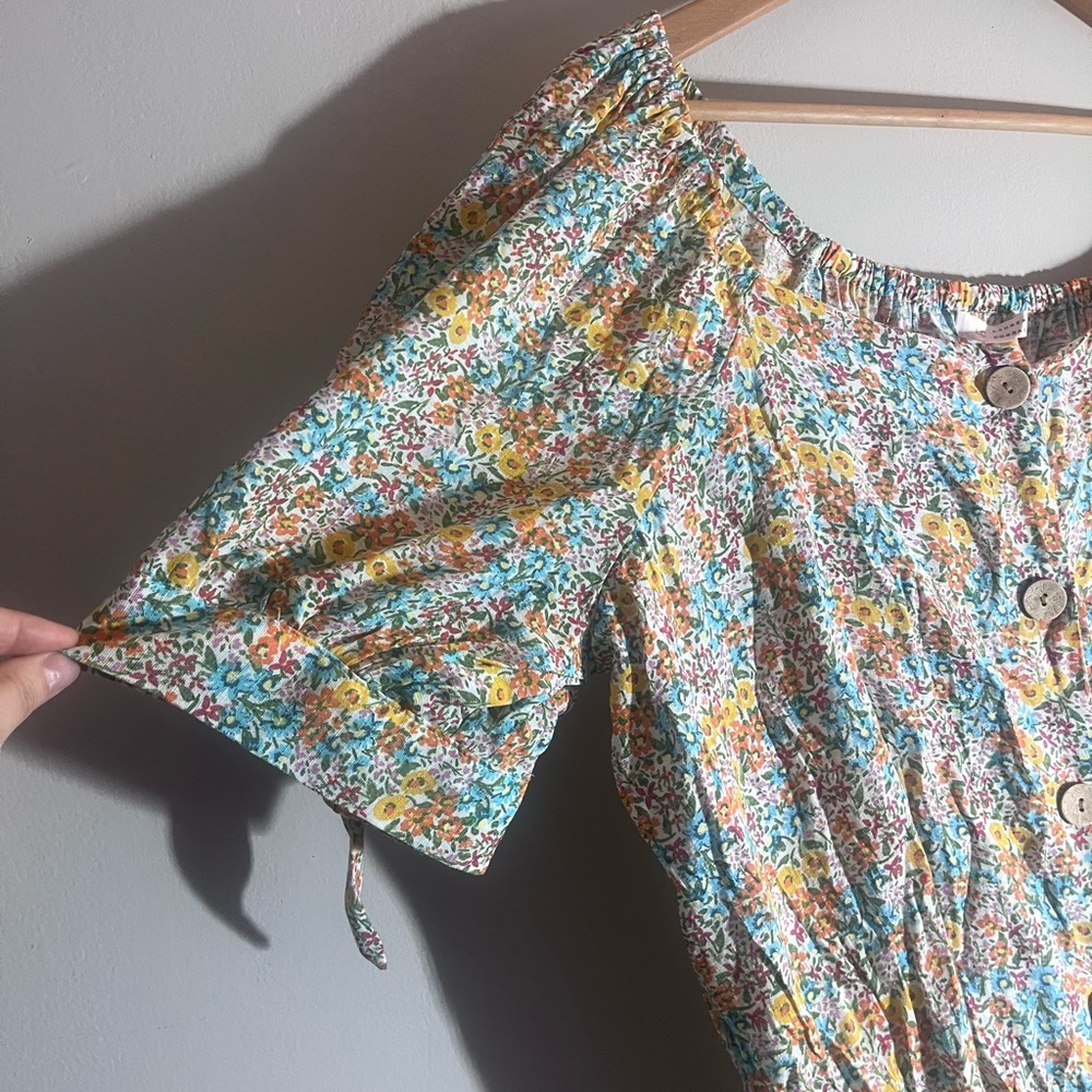 LC Lauren Conrad Yellow Multi Floral Button-Front Puff Sleeve Top - Picture 4 of 6